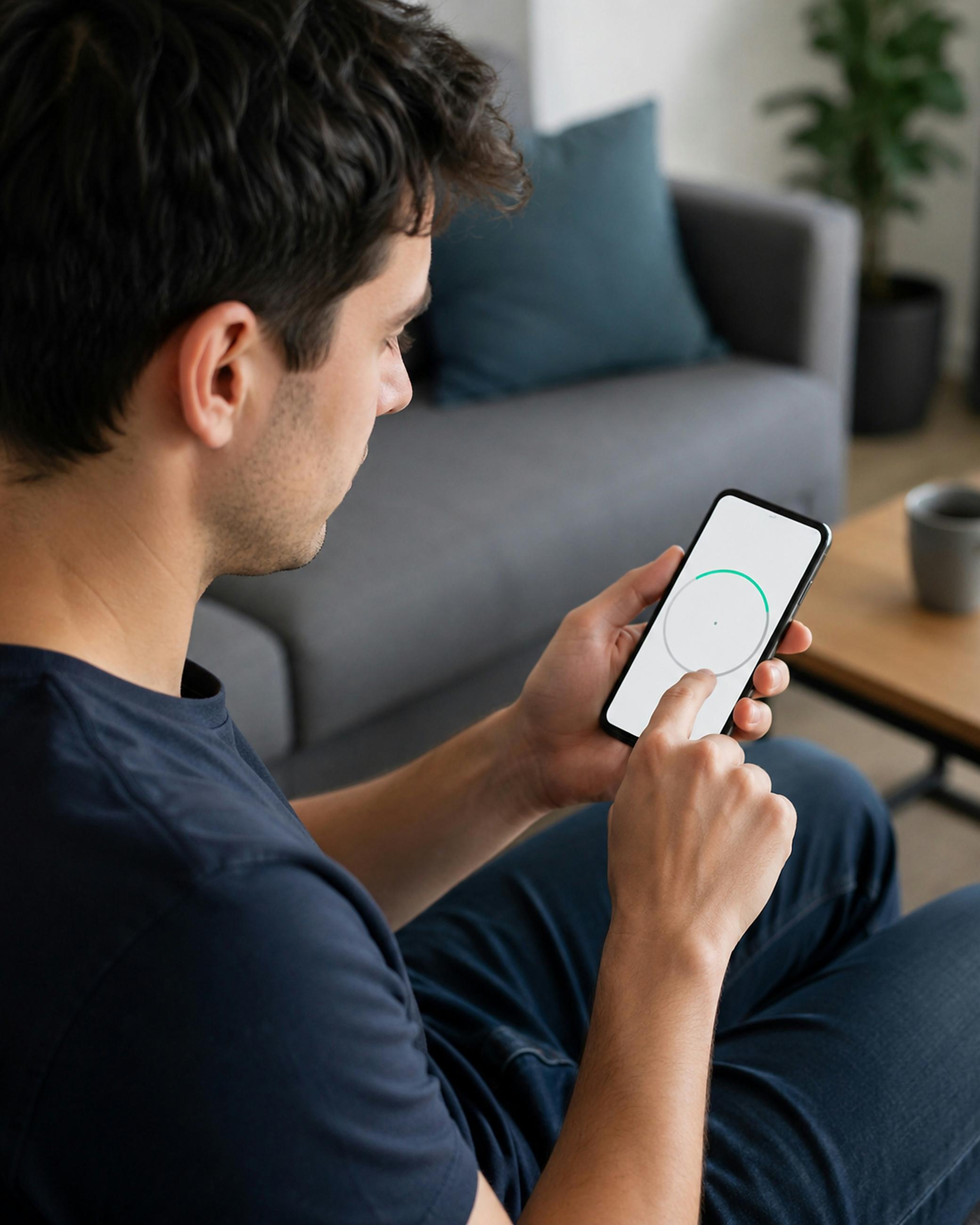 man on couch using mobile app