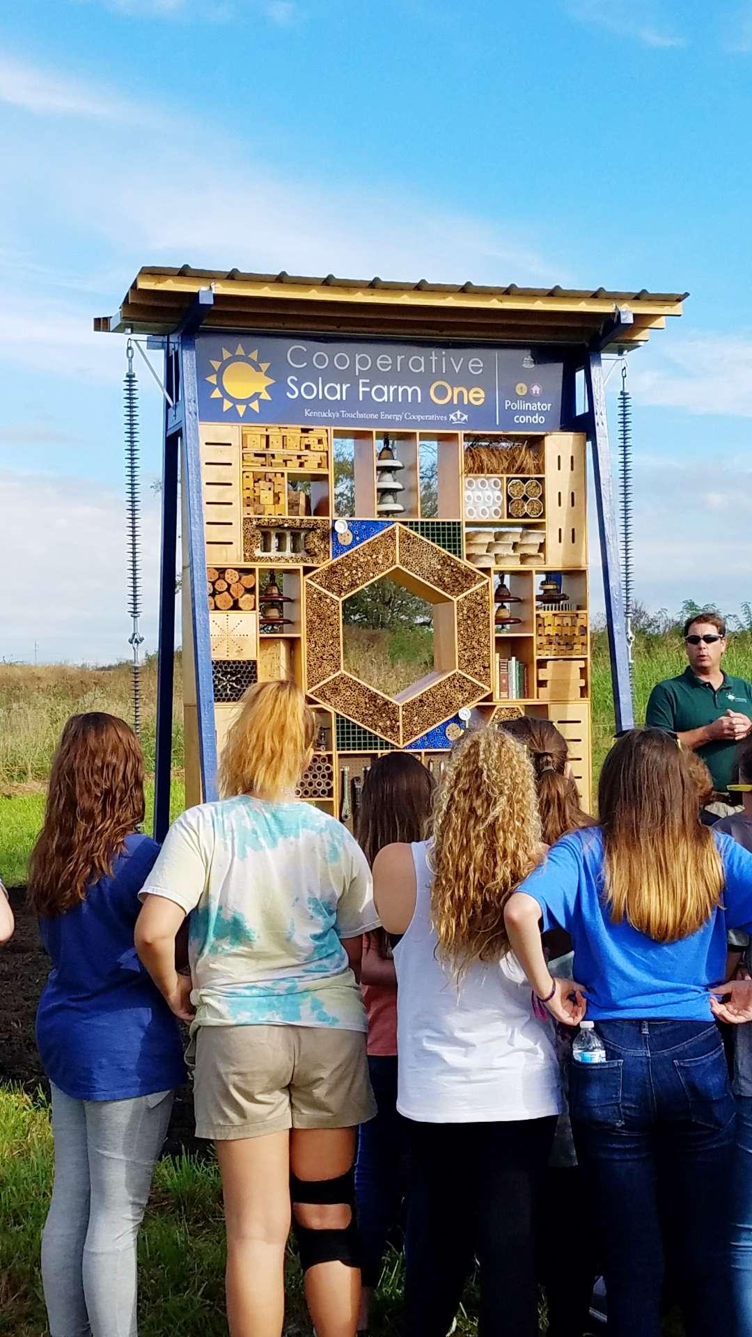 kids looking at cooperative solar farm one sign